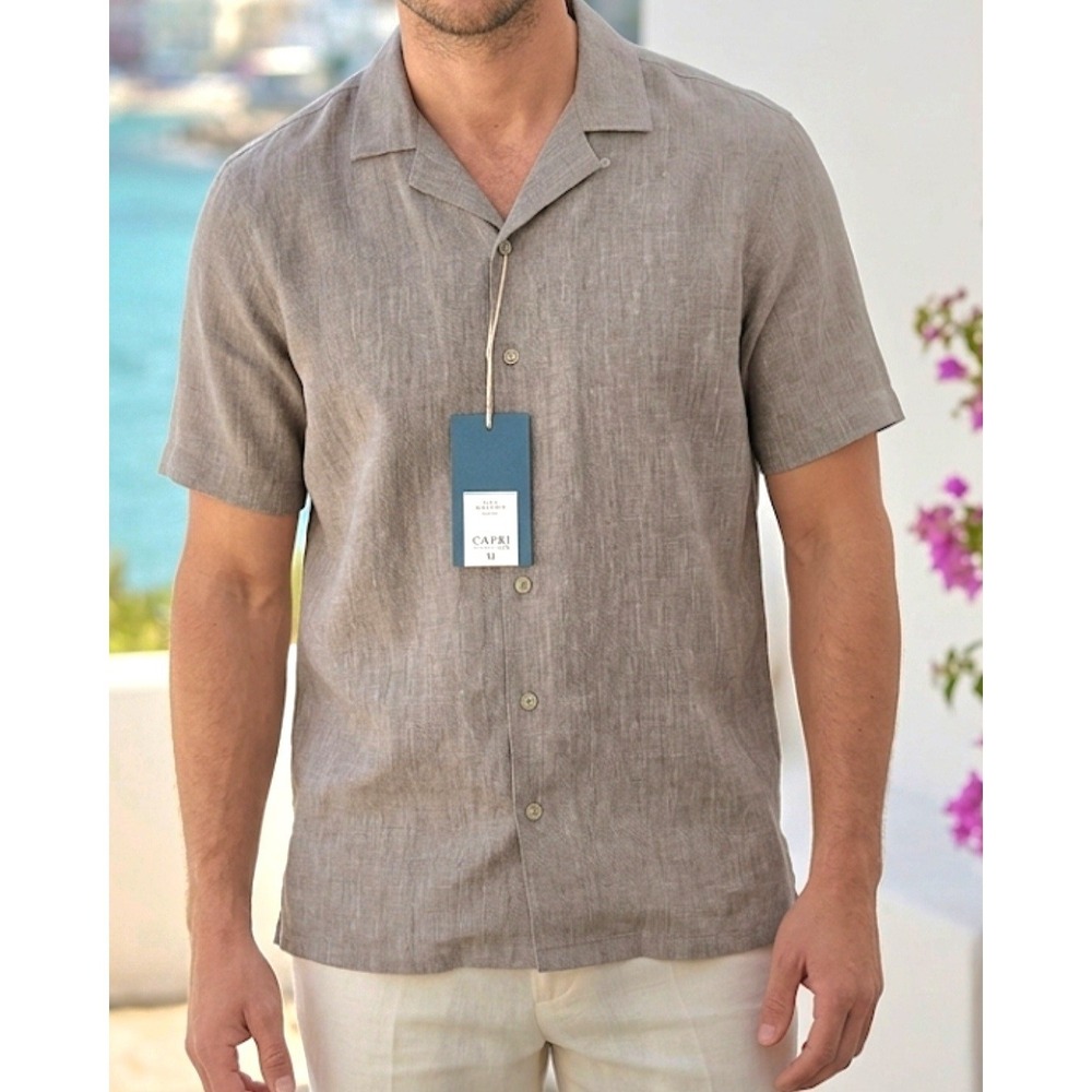 Ike Behar Taupe Color Linen Rayon Blend Button Down Shirt Size Small‎